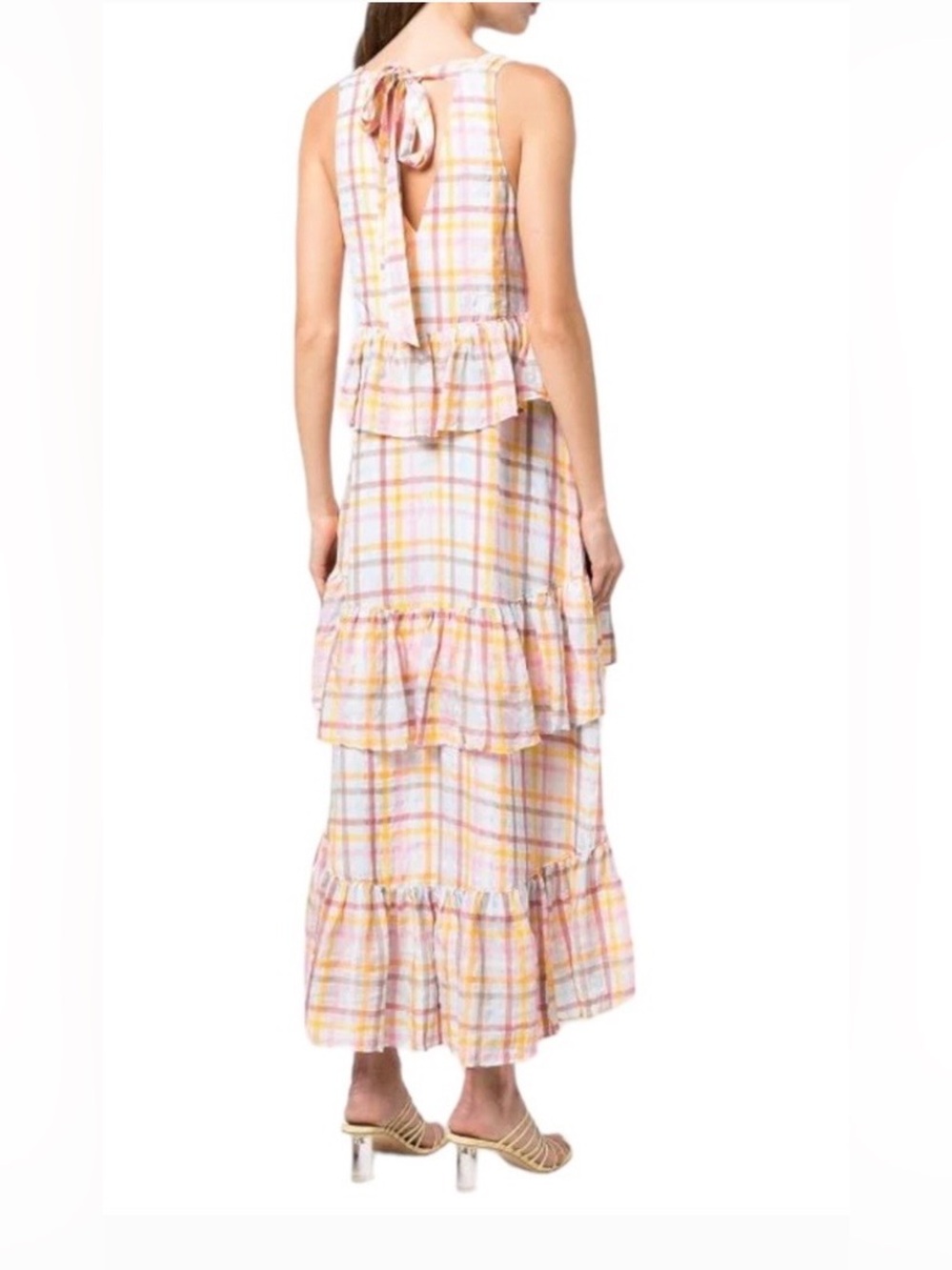 cinq a sept Pastel Plaid Tiered V-Neck Maxi Dress in Yellow and Pink - Picture 2 of 11
